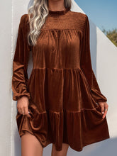 Pleated Solid Color Split-Joint Velvet A-Line Long Sleeves Mock Neck Mini Dresses